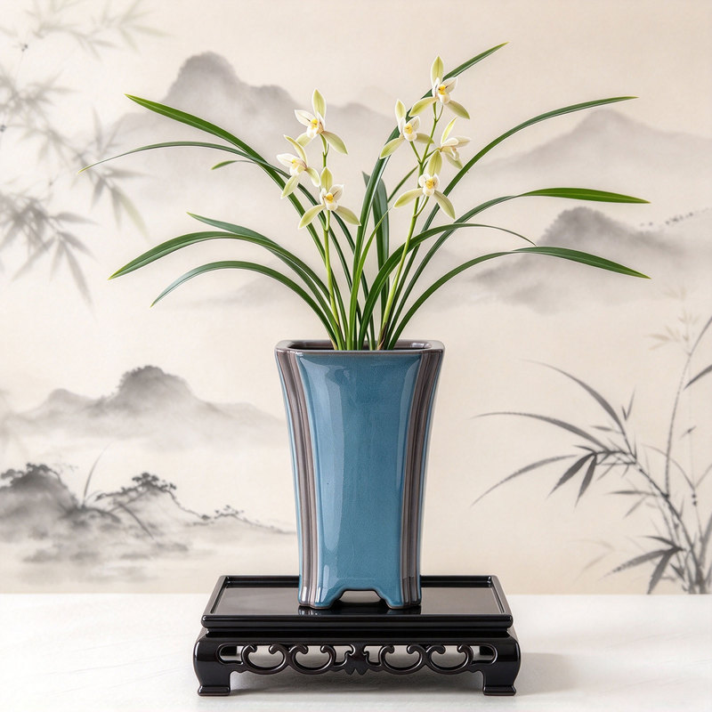 Specialized Tall Ceramic Vase for Orchids, New Chinese-Style Square Blue Flower Vessel, Home Decor