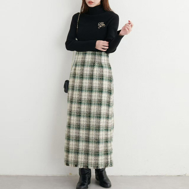 Japanese Style Women's Clothing Plaid Tweed High-Waisted Skirt
