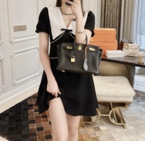 Rubbit summer New temperament Hepburn dress small heavy industry bling drill lapel collar waist small black skirt