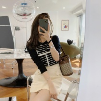 Rubbit chic Classic Black and White Striped Fake Two Piece Fine Wool Knit Original Design