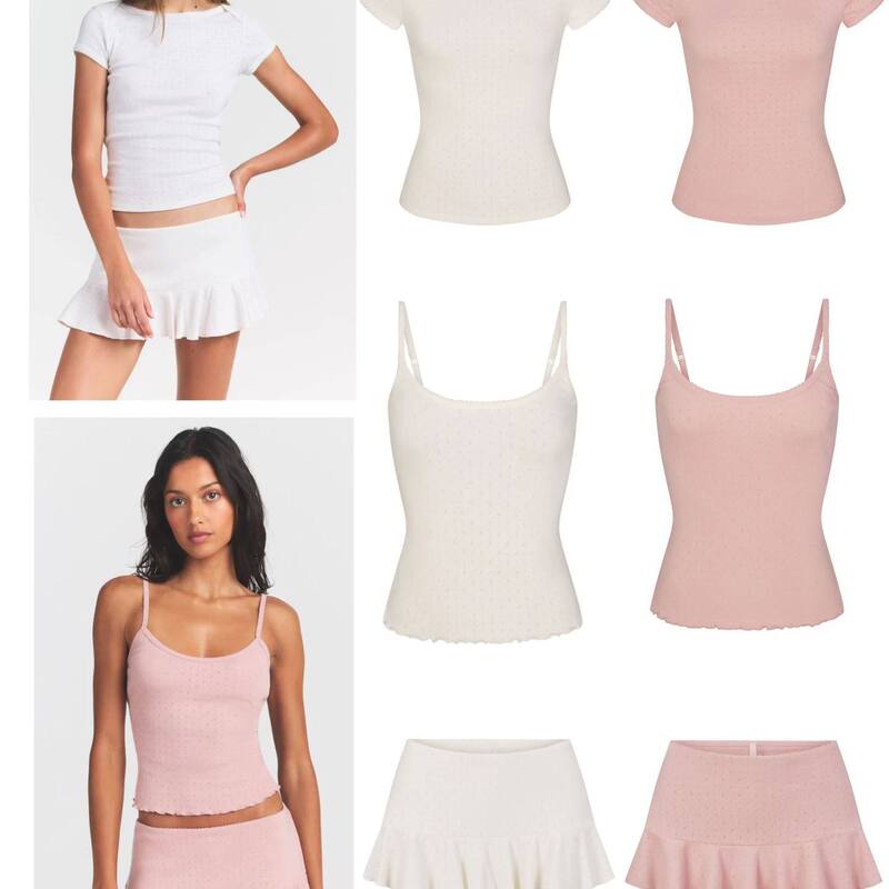 [Official Authentic] Skims Kardashian Hot Girl Print Hollow Out Regular Shoulder Short Sleeve T-Shirt Vest Skirt Set for Women