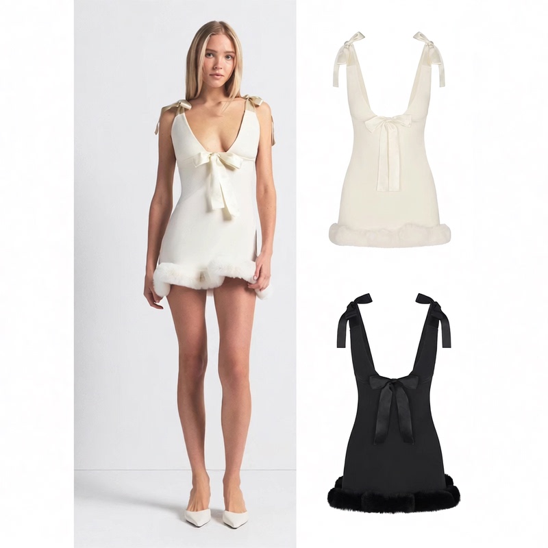 [Official Authentic Product] Skims Kardashian Christmas Limited Edition White Satin Butterfly Strap Furry Jumpsuit Short Dress