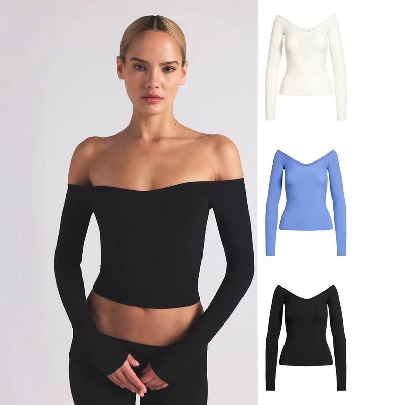 [Official Authentic Product] Skims Kardashian Off-Shoulder Long Sleeve T-Shirt Slim Fit Slimming Bare Shoulder Base Shirt