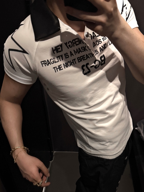 「Ueshima」Totem Print Letter Y2K Leather Collar Design Polo Shirt Men's Short Slim Fit Solona Short Sleeve
