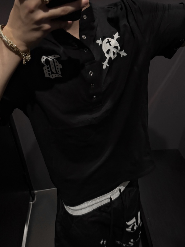 "Ueshima" Skull Gothic Style Print Dark Y2K Light and Thin Half-Collar Short-Sleeved Men's Loose T-Shirt