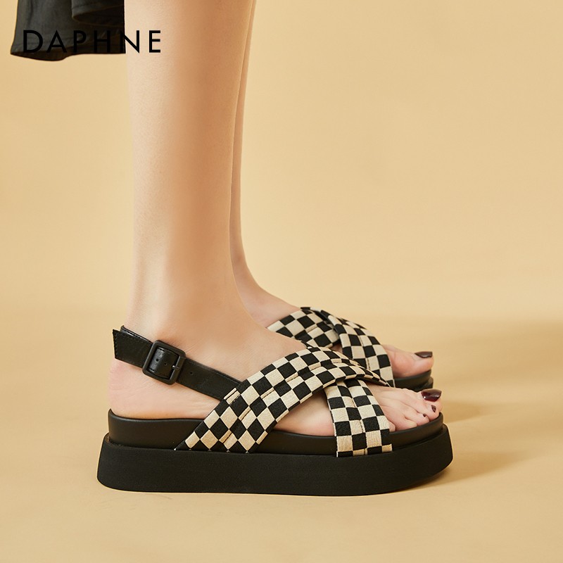 Daphne Thick Bottom Sandals Women's Summer 2022 New Black Two-Wearing Chessboard Grids With Beach Slippers