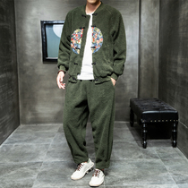 Tang suit mens suit Chinese style retro style buckle jacket Embroidered thickened baseball suit Lamb wool winter jacket