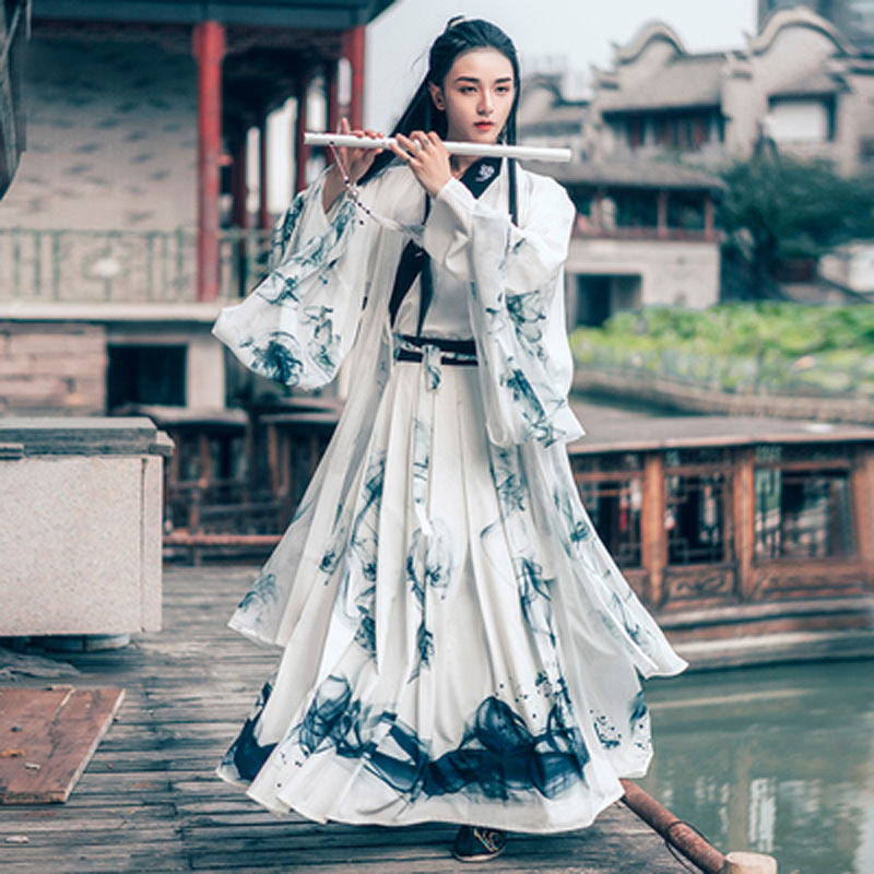 Wei Jin Wind Original Water Ink CP Couple Hanfu Men's Couple collar Neckline Waist jacket Skirt Big Sleeve Shirt Song Three Sets Performance Ancient Dress