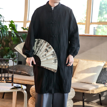 Chinese style medium-length linen windbreaker mens loose large size autumn jacket retro wind buckle Tang suit cotton and hemp Hanfu