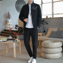 New tunic mens suit autumn Tang suit jacket mens two-piece retro buckle jacket casual embroidered Hanfu