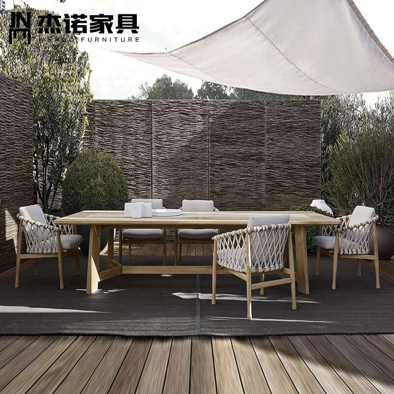 Creative solid wood dining table and chair combination outdoor courtyard Nordic anti-corrosion wood simple leisure rattan villa hotel furniture