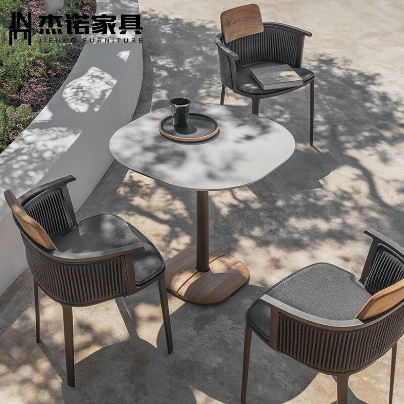 Simple outdoor solid wood tables and chairs combination open air villa garden leisure vinechair balcony three piece hotel furniture