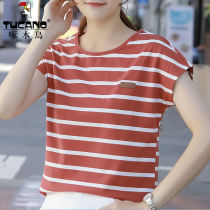 Woodpecker Striped Short Sleeve T-shirt Lady 2022 New Womens Dress Loose Pure Cotton Short Mom Blouse