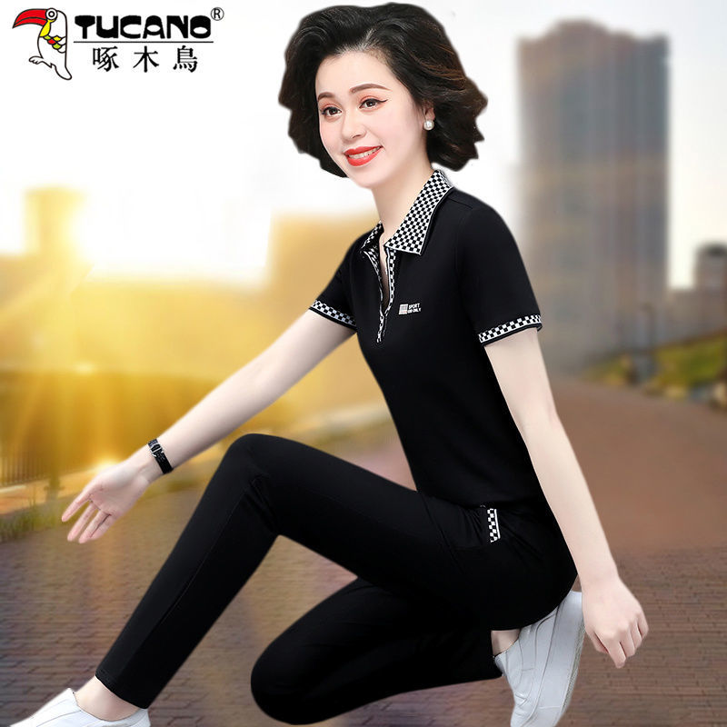 Peck Wood Pure Cotton Mama Summer Dress 2022 New Middle Aged Women's Dress Short Sleeve Sportswear Suit Big Size Two Sets