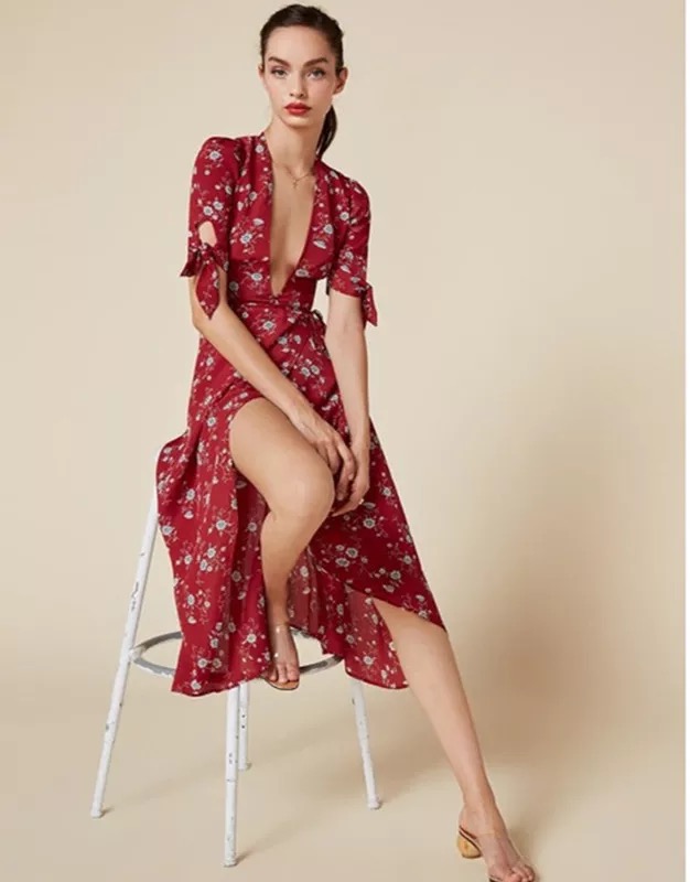 Cải cách Pháp hoa váy kỳ nghỉ tinh retro sâu vT dây rút eo bọc ngực váy 2018 váy xoắn eo đẹp	