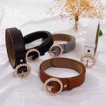 Japan FC Korean version pearl round buckle belt for women wide simple and versatile Korean version casual pin buckle belt student decorative cow