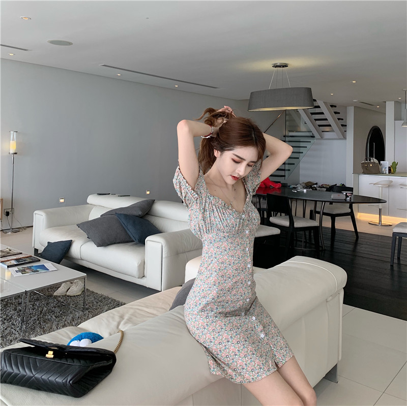 VK旗艦店 韓國風復古碎花一字領兩穿度假短袖洋裝