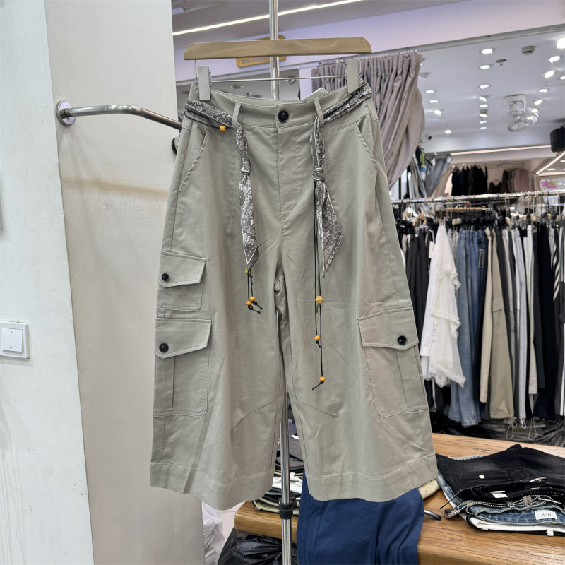 Korean Style Workwear High-Waisted Silk Scarf Belt Cropped Wide-Leg Pants for Women, Summer Style, Loose Fit with Flap Pockets, Casual Pants 9503