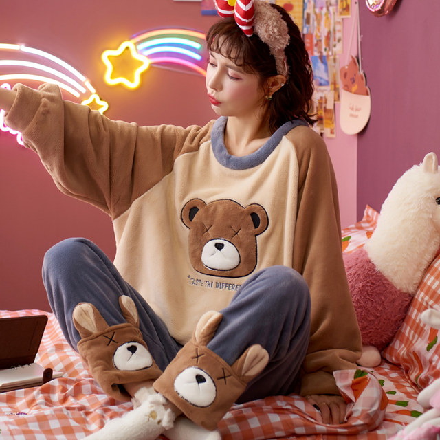 Coral Fleece Pajamas Women Autumn and Winter Thickened Cartoon Cute Girls Student Winter Flannel 2023 New Style