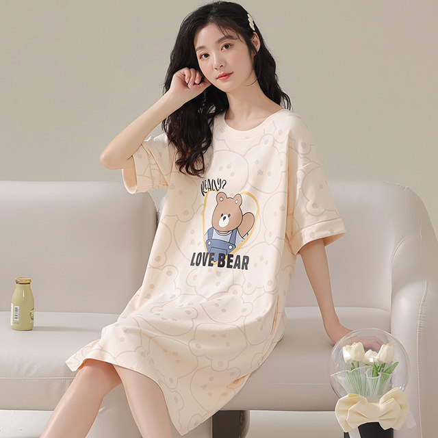 ໃຫມ່ 2024 Nightgown ແມ່ຍິງ Summer ຝ້າຍບໍລິສຸດເສອແຂນສັ້ນຍິງຫນຸ່ມ Casual Letter Dress Pajamas ແມ່ຍິງ Summer