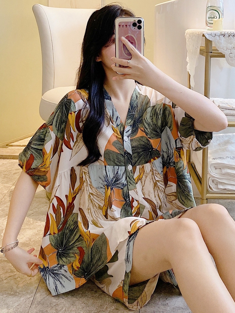 <!--棉绸睡衣女夏季短袖短裤绵绸家居服人造棉套装大码时尚网红小个子-->