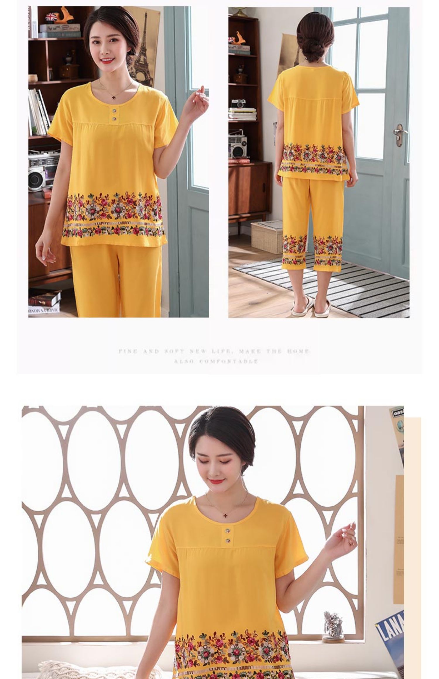 Áo khoác ngoài bằng vải cotton trung niên cho phụ nữ mùa hè tay ngắn bằng lụa cotton nhà quần áo cotton nhân tạo phù hợp với phần mỏng - Bộ Pajama các kiểu đồ bộ mặc ở nhà đẹp