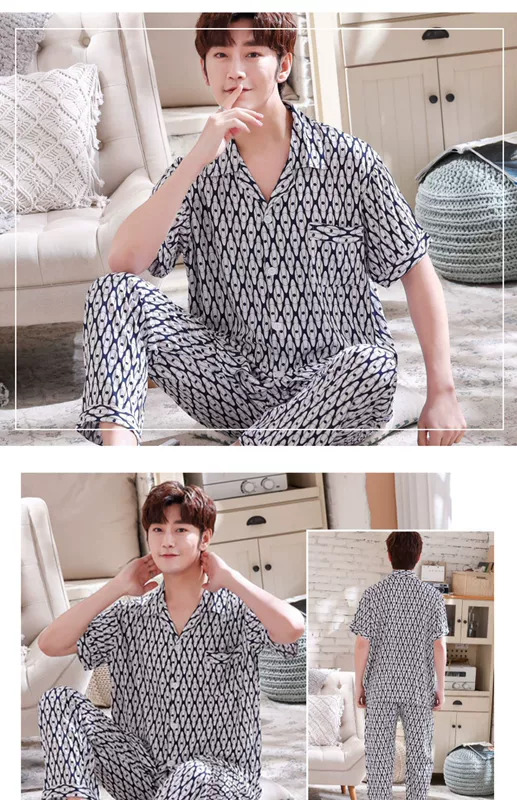 Bộ đồ ngủ cotton lụa của nam giới mùa hè quần tây ngắn tay cardigan sinh viên mỏng cotton lụa phục vụ nhà lưới màu đỏ bùng nổ phù hợp với rayon - Bên ngoài ăn mặc