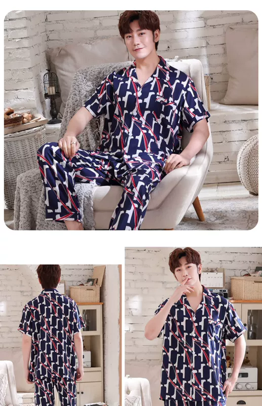 Bộ đồ ngủ cotton lụa của nam giới mùa hè quần tây ngắn tay cardigan sinh viên mỏng cotton lụa phục vụ nhà lưới màu đỏ bùng nổ phù hợp với rayon - Bên ngoài ăn mặc