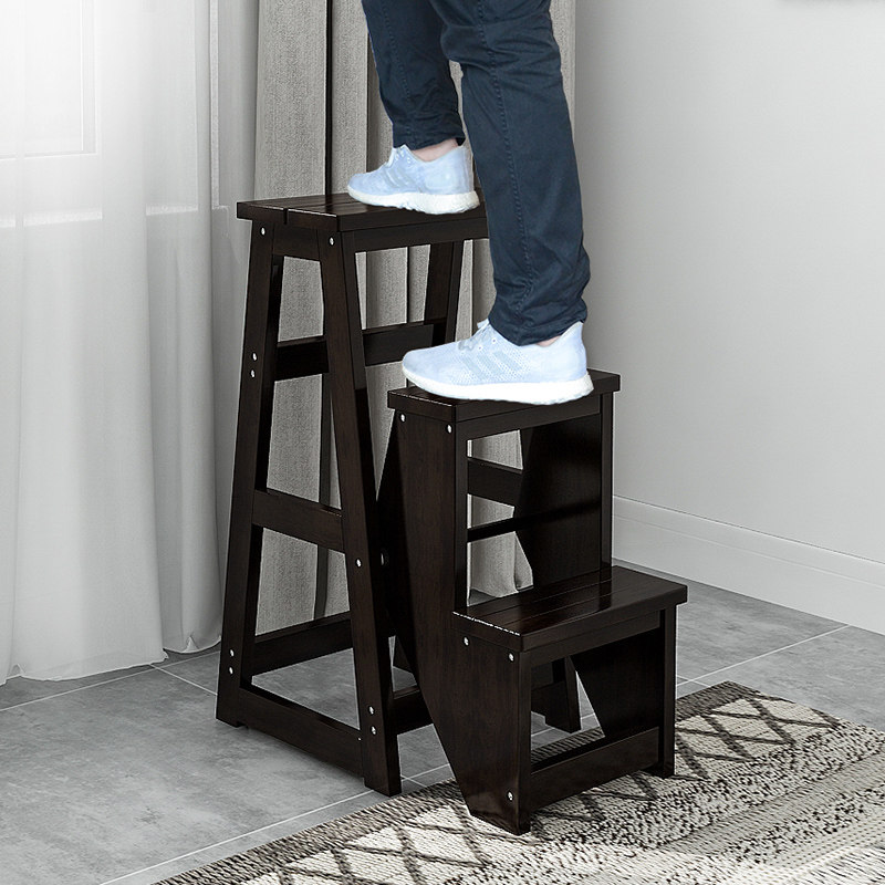 Household solid wood ladder stool dual-purpose stool multi-functional stair chair folding high stool simple two-step step ladder