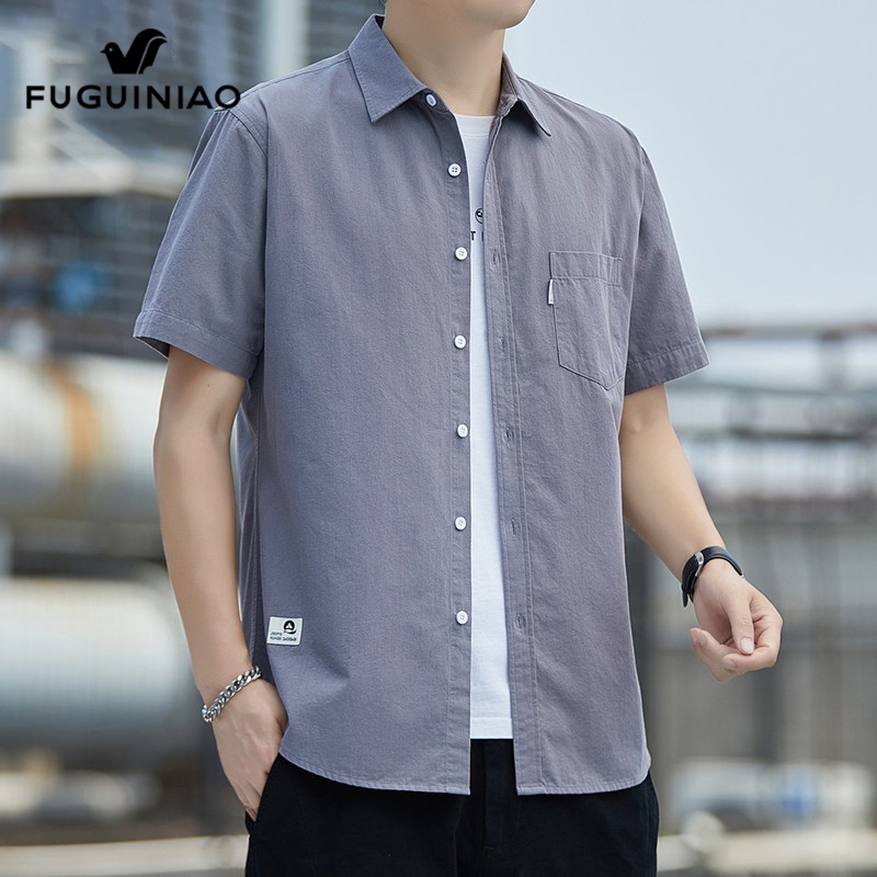 Fuguiniao Workwear Pocket Shirt Men's Loose Casual Top Summer Simple Pure Cotton Versatile Short-Sleeve Shirt for Men