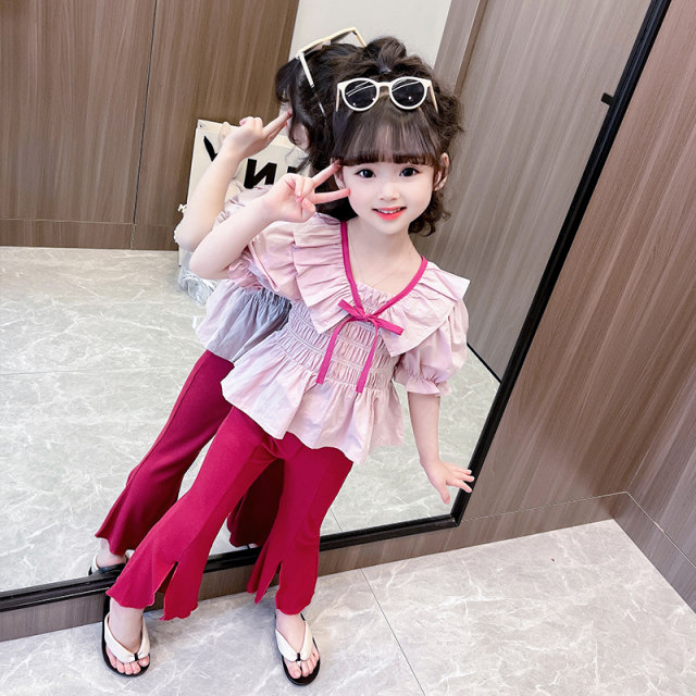 Baby Girl Summer Dress Korean Suit Fashionable Western Style Girl Sweet Top Flared Pants Children's Summer Two-piece Set