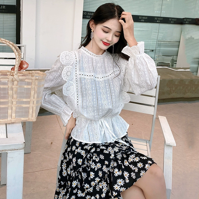 Áo sơ mi ren voan trắng châu âu áo dài 2021 xuân mới khí chất nữ thời trang áo sơ mi dài tay thêu - Áo sơ mi chiffon ren