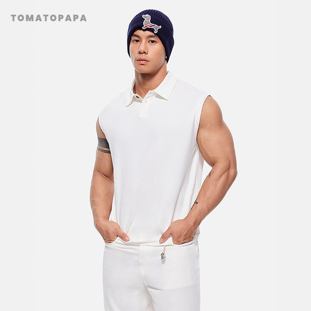 TOMATOPAPAPOLO collar vest men's 2024 summer solid color texture loose waistcoat sleeveless sweat shirt