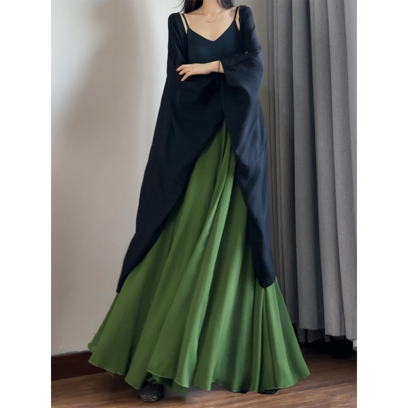 Duyi Green Dance Long Skirt 2025 Spring/Summer Flowy Chiffon Skirt That Covers the Body and Is Versatile and Fashionable
