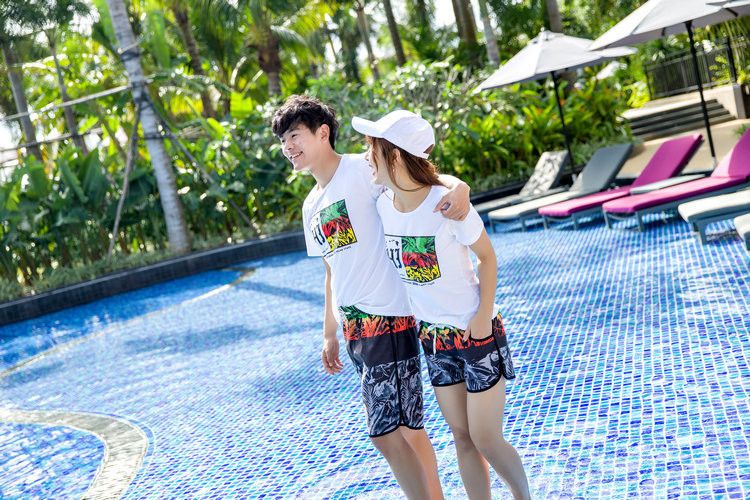 Phiên bản Hàn Quốc 2018 của cặp đôi đi biển quần bơi nhanh khô nam mẫu nữ in áo thun tình nhân đi biển đi biển hè - Vài đồ bơi