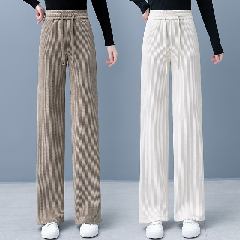 Plus Suede Chenille Broadlegged Pants Woman Autumn Winter Style 2023 Years High Waist Pumping Rope Loose Thickened Striped Casual Straight Drum Pants-Taobao