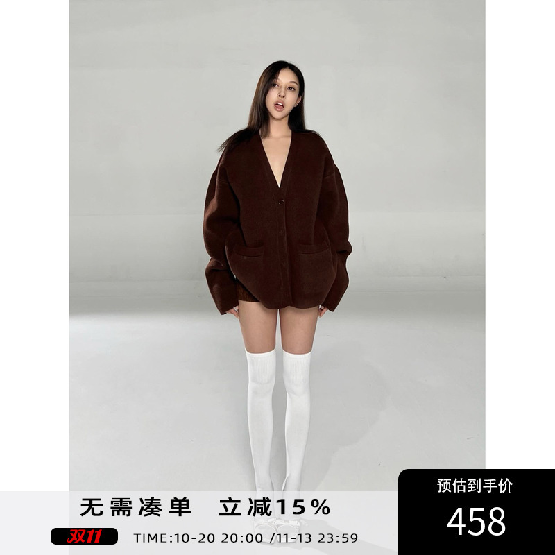 Angelapopewang Black King Cocoa Brown Logo Embroidered Sweater Jacket Women's Early Autumn Knitted Cardigan Angelapopewang Black King Cocoa Brown Logo Embroidered Sweater Jacket Women's Early Autumn Knitted Cardigan