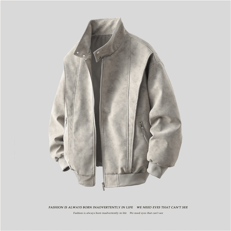 Tangtuan Jacket for Men and Women, New Spring and Autumn Style, American Retro Stand-Up Collar, Loose Fit, Melard Washed Cotton-Padded Leather Jacket