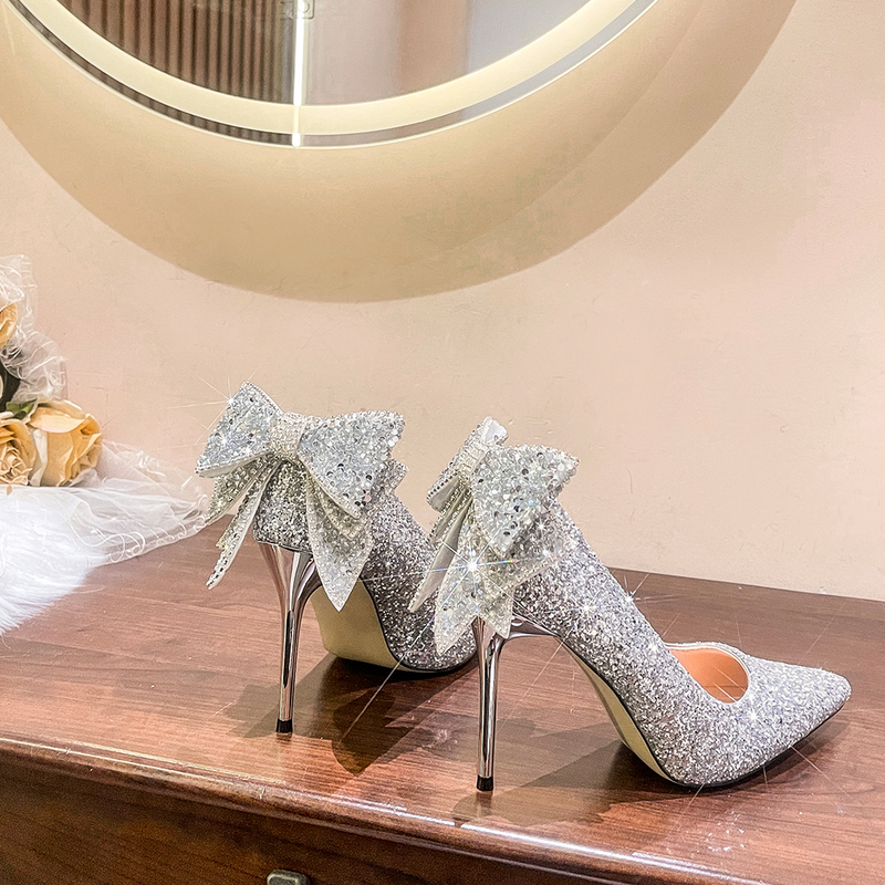 Silver High Heels 2026 New Spring and Autumn Sequin Crystal Main Fabric Wedding Shoes Xiuhe Two-Way Wear Bride Wedding Dress