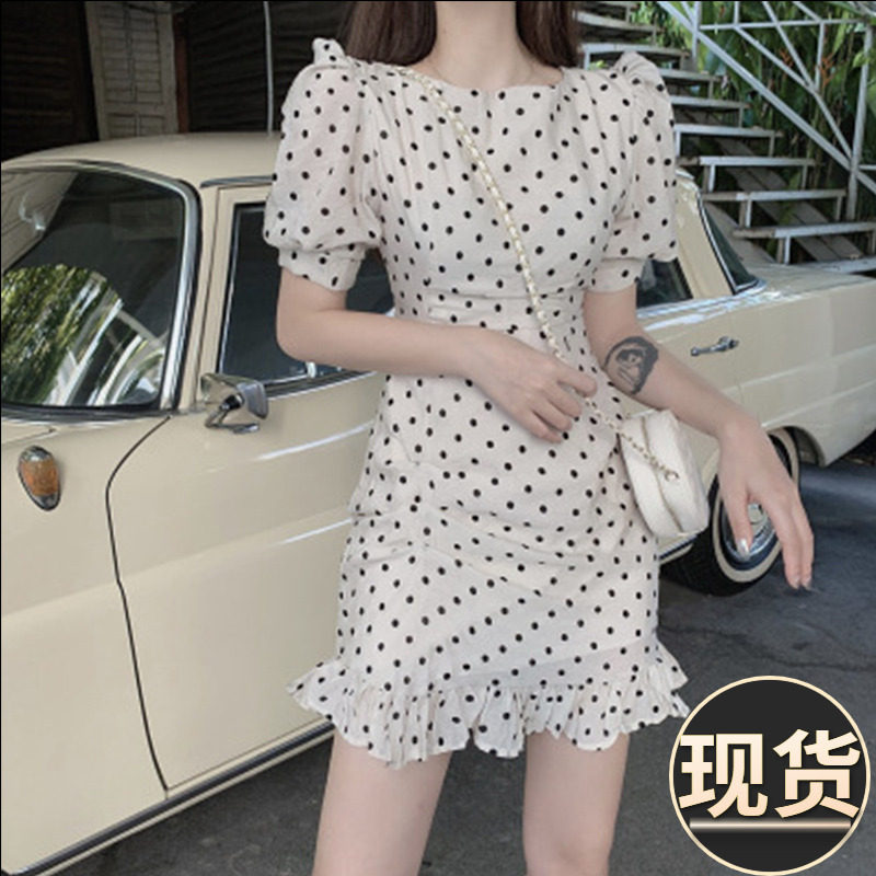Special offer Original 138 fashion court style platycodon French style long tidal wave point white sweet dress with waist slimming