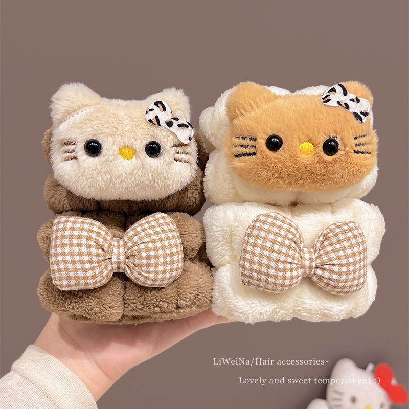 Cute Plush Bowknot Cat Face-Washing Wristband for Women, Autumn and Winter Anti-Moisture Sleeve, Magic Wristband, Children's Absorbent Wrist Protector