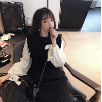Long dresses Herbenstyle Balloon Flower Style Retro Light Extravagant name Yuanyuan Long sleeves Black knit dress with little crowdsourced design