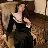 Весеннее дизайнерское ретро кружевное черное платье, коллекция 2021, городской стиль, тренд сезона, французский стиль