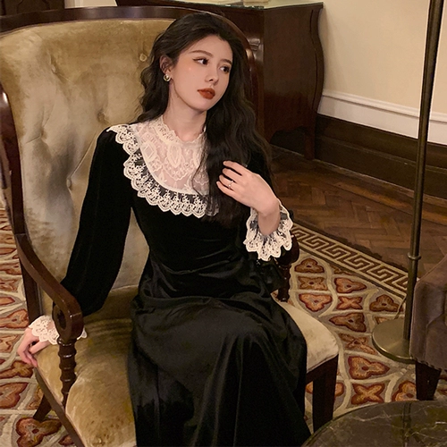 Весеннее дизайнерское ретро кружевное черное платье, коллекция 2021, городской стиль, тренд сезона, французский стиль