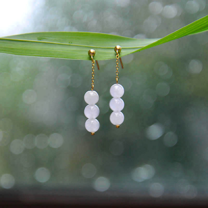 Mountain ruler) Bailu natural jadeite jade 18k gold long version earrings jade ear needle temperament earrings fairy ear chain