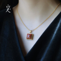 Red sleeves -- natural South Red Manau pendant female square 925 pure silver succor large Jade Necklace gift giving gift