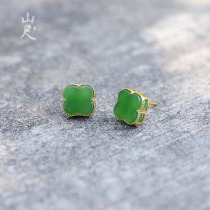 Four leaves of grass -- natural and field jade four leaves of white jade ear nail pure silver plated 18k gold jade earthen decorated with gifts