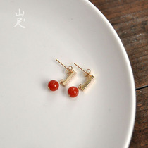 Dan Shu natural Liangshan south red agate jade 18k gold earrings earrings earrings earrings short female