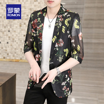 Romon's new cut air sleeve suit man little suit young Korean version of small broken flowers short sleeve slimming