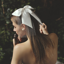 Bow bridal headdress white grid short wedding dress small veil wedding license wedding accessories travel accessories